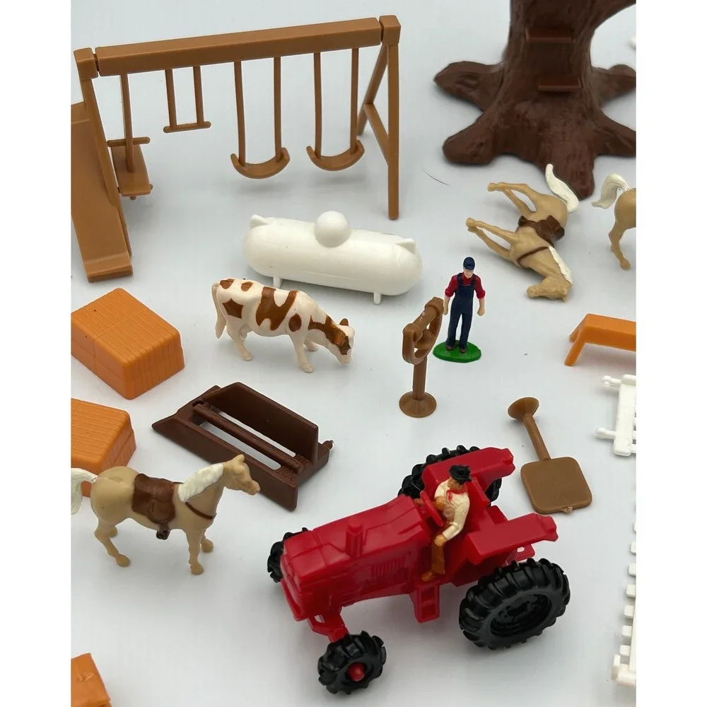 Vintage Miniature Farm Playset Lot Red Tractor Animals Fencing Treehouse Figures